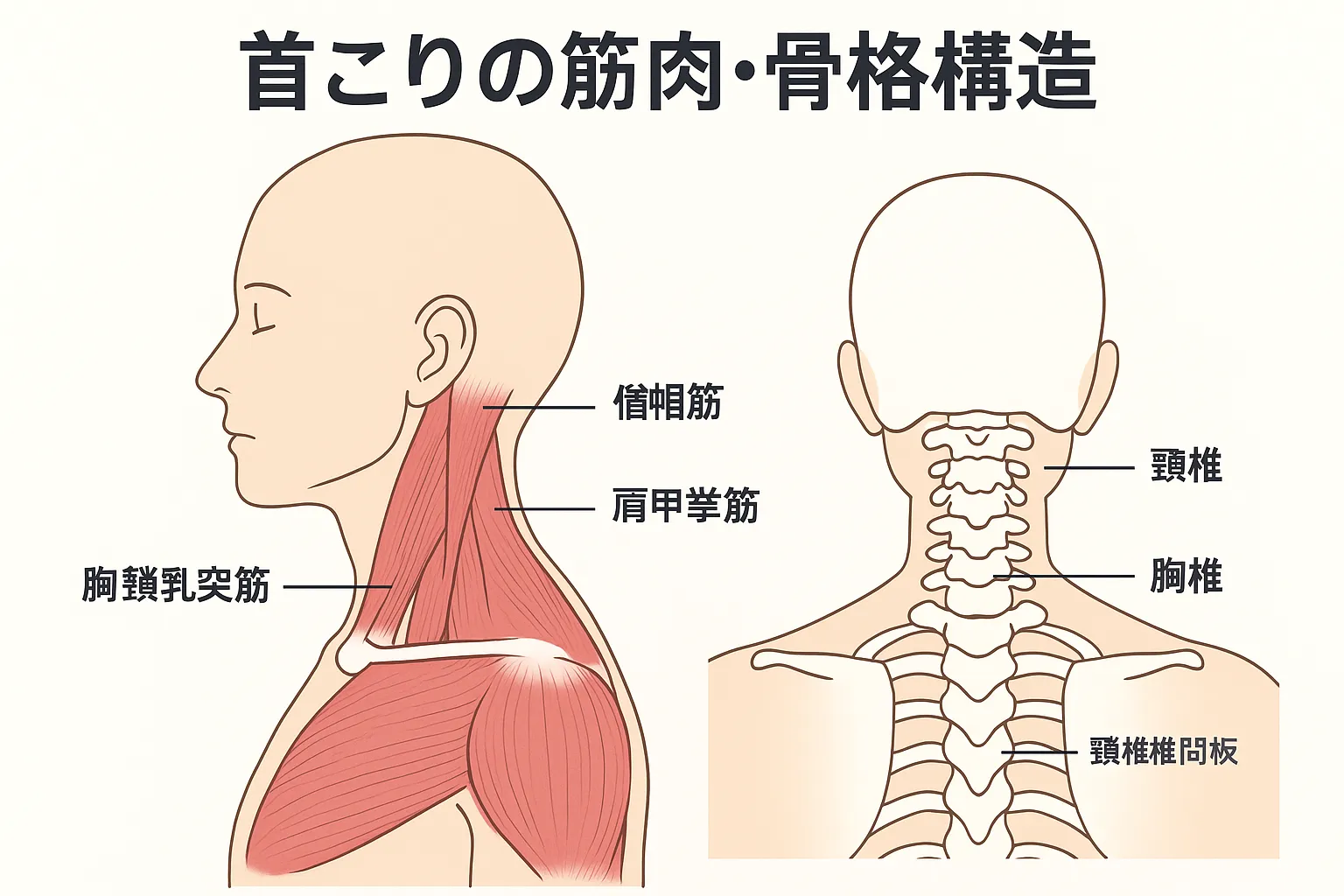 首の筋肉と骨の解剖図
