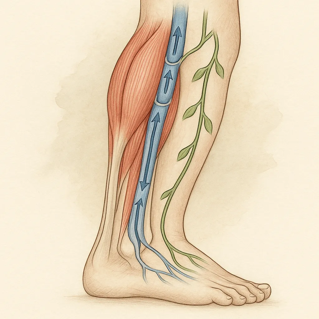 リンパ循環と筋ポンプ作用の解説図